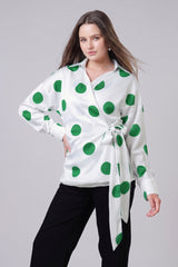 Polka Dot Wrap Tie-Up Waist Womens Shirt