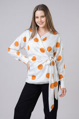 Polka Dot Wrap Tie-Up Waist Womens Shirt