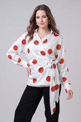 Polka Dot Wrap Tie-Up Waist Womens Shirt