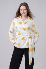 Polka Dot Wrap Tie-Up Waist Womens Shirt