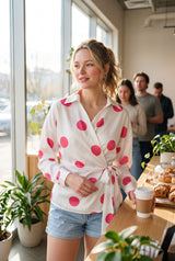 Polka Dot Wrap Tie-Up Waist Womens Shirt
