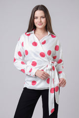 Polka Dot Wrap Tie-Up Waist Womens Shirt