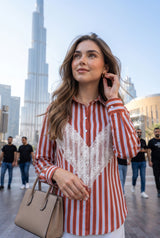 Polished Romance 🌹 Striped Shirt For Women With Sophisticated Lace Detailing