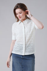 Weekend Whites - Relaxed Embroidered Cotton Shirt For Women