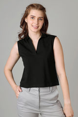 Exclusive Black Polo Sleeveless T-Shirt For Women