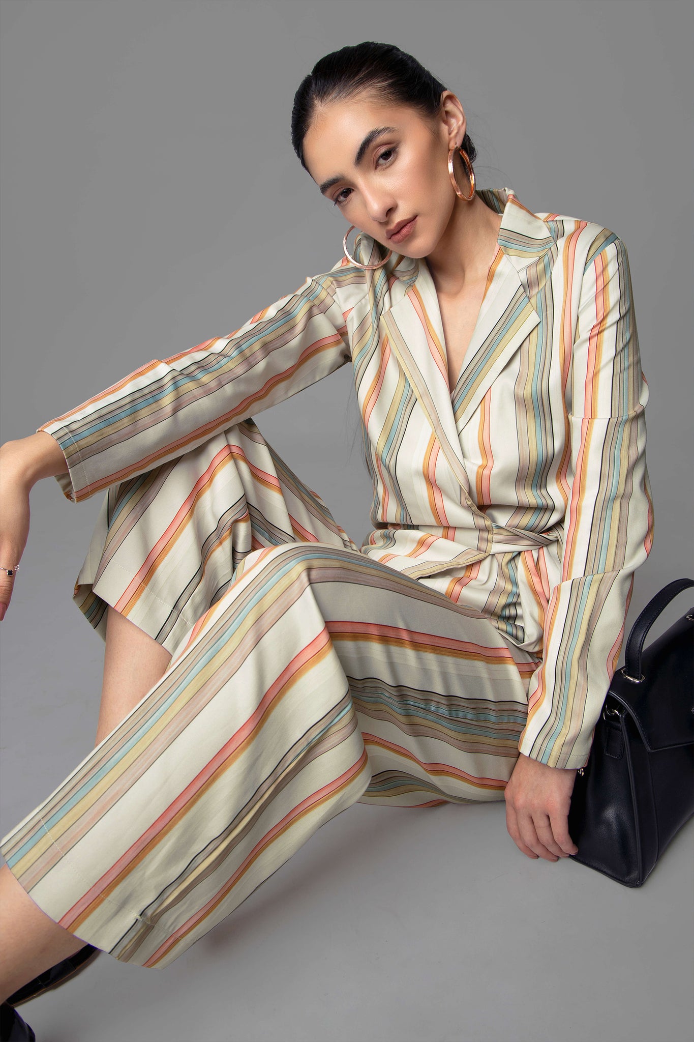 Stripes Notched Collar Wrap Co-Ord Set