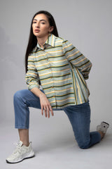 Stripes Gather Collar Neck Shirt