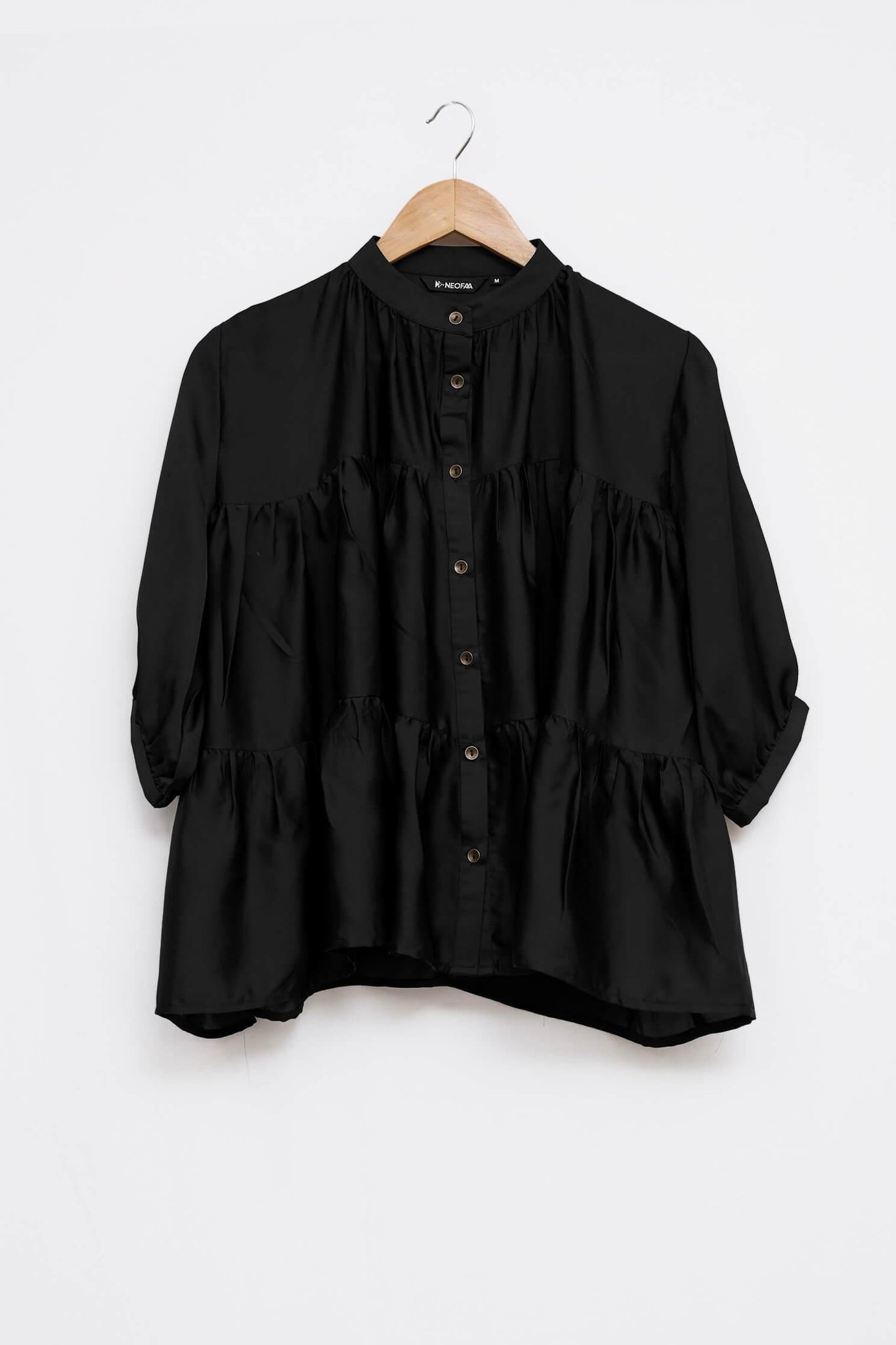 Black Two Tiered Gathered Detail Casual Shirt - neofaa.com
