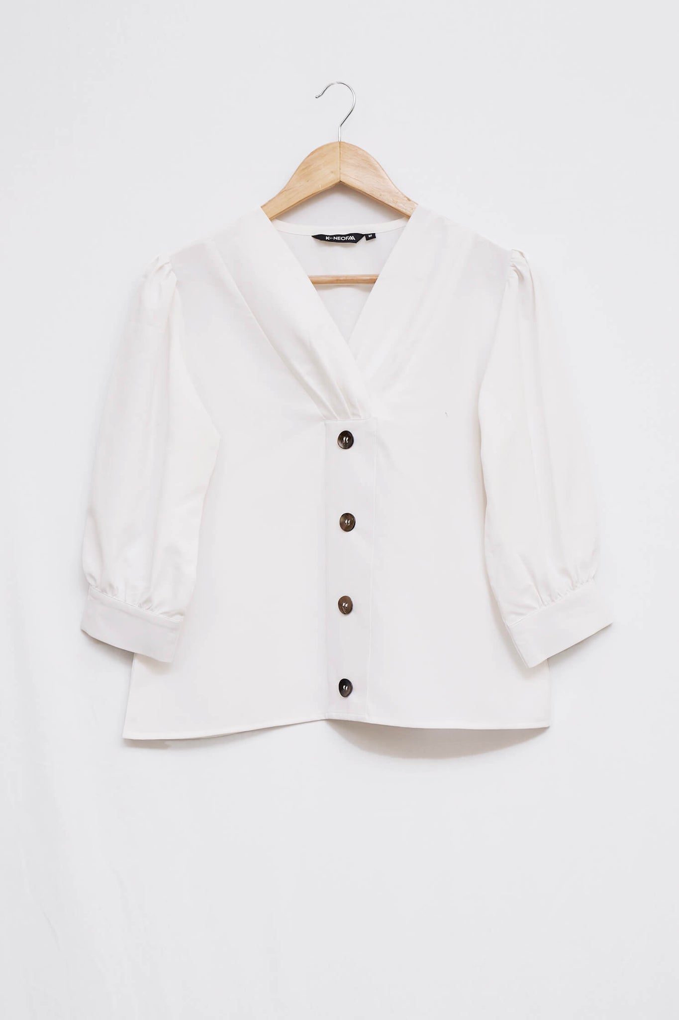 White Front Button Puff Sleeve Stylish Top