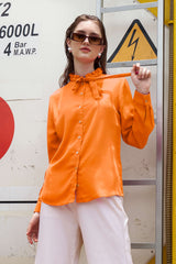 Orange Ruffle Round Neck Full Sleeve Shirt