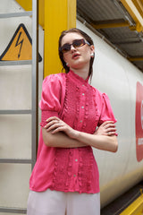 Smocked Cuff Sleeve Ruffle Work Shirt