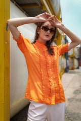 Smocked Cuff Sleeve Ruffle Work Shirt
