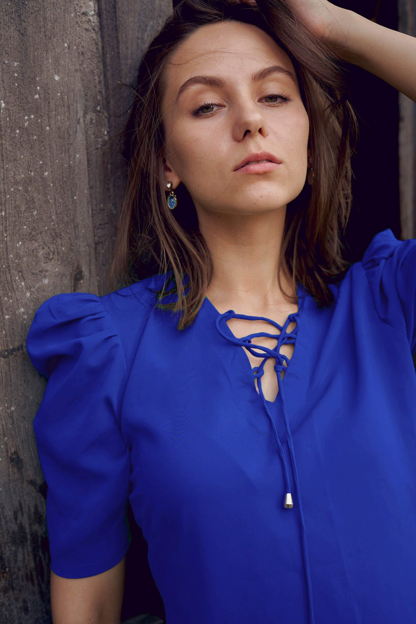 Royal Blue String Neckline Puff Sleeve Midi Dress