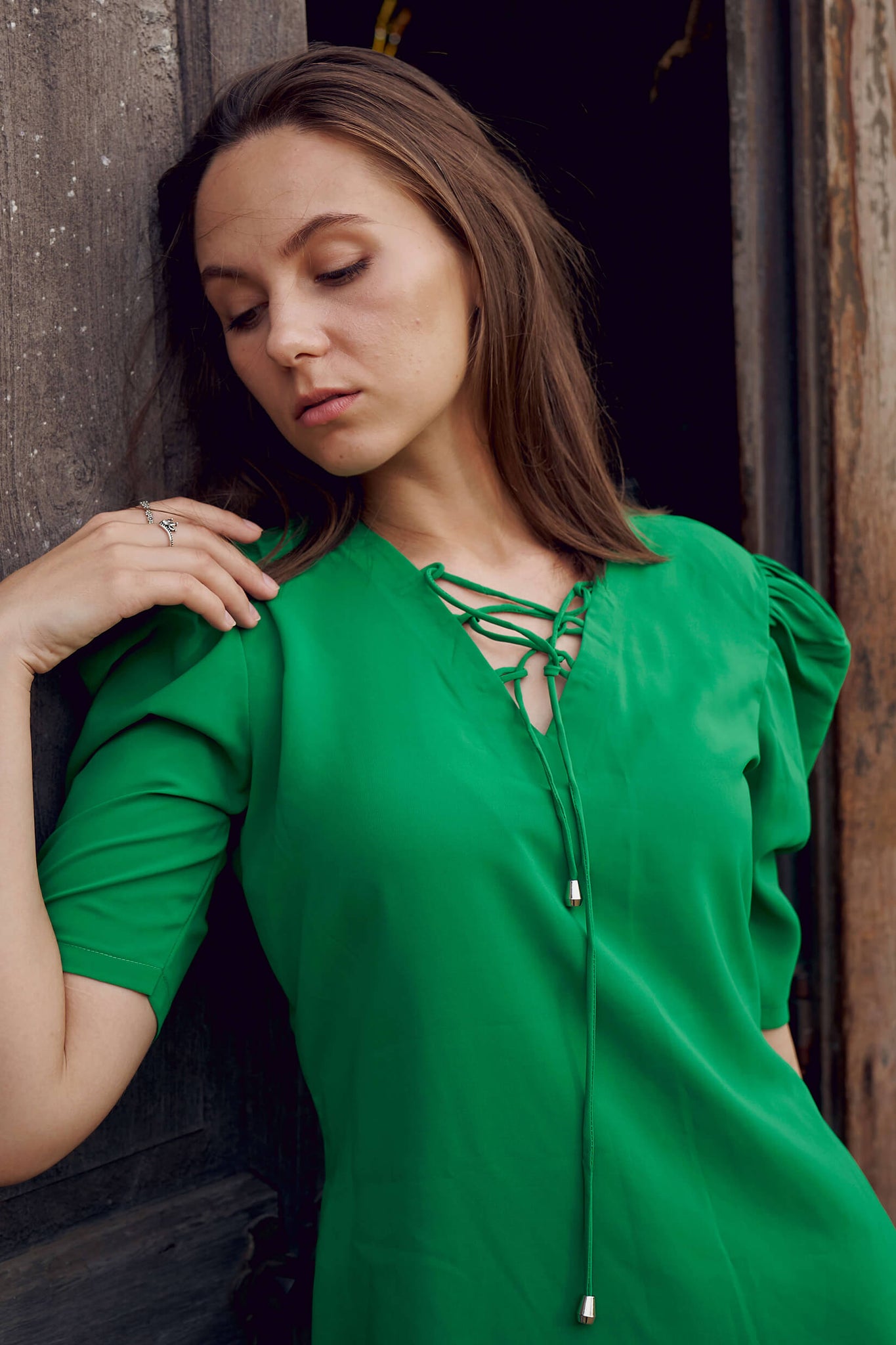 Green String Neckline Puff Sleeve Midi Dress
