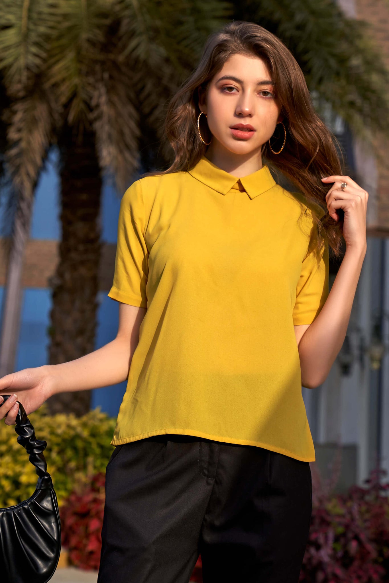 Mustard Styled High Neck Back Button Top