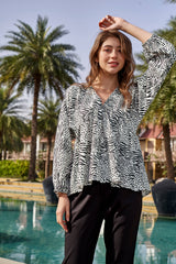 Zebra V Neck Peasant Sleeve Top