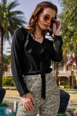 Black V Neck Ruffle Knot Top