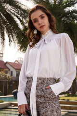 White Frill Neck Cuff Sleeve Top