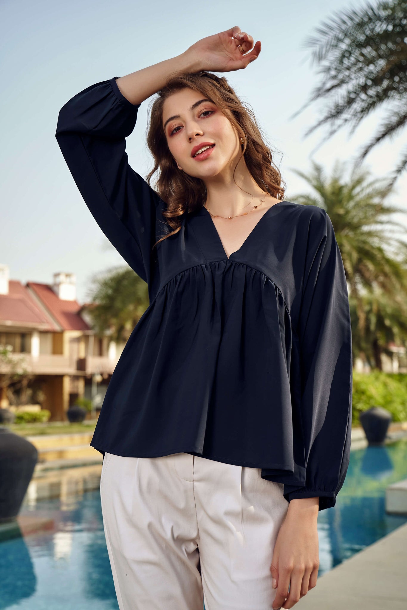 Navy Pullover Peasant Sleeve Top