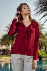 Maroon V Neck Ruffle Knot Top