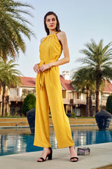 Mustard Front Knot Halter Neck Jumpsuit