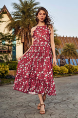 Floral Halter Ruffle Neck Teired Midi Dress