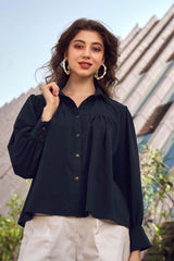 Navy Blue Front Gathered Detail Casual Shirt