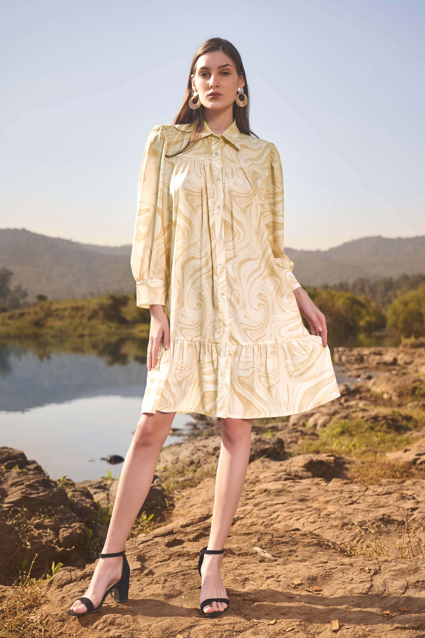 Marble Front Button Tiered Shirt Dress