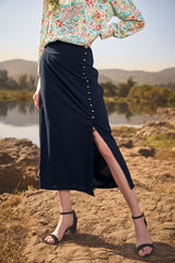 Navy Side Slit Button Skirt