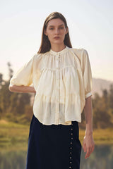 Cream Two Tiered Gathered Detail Casual Shirt