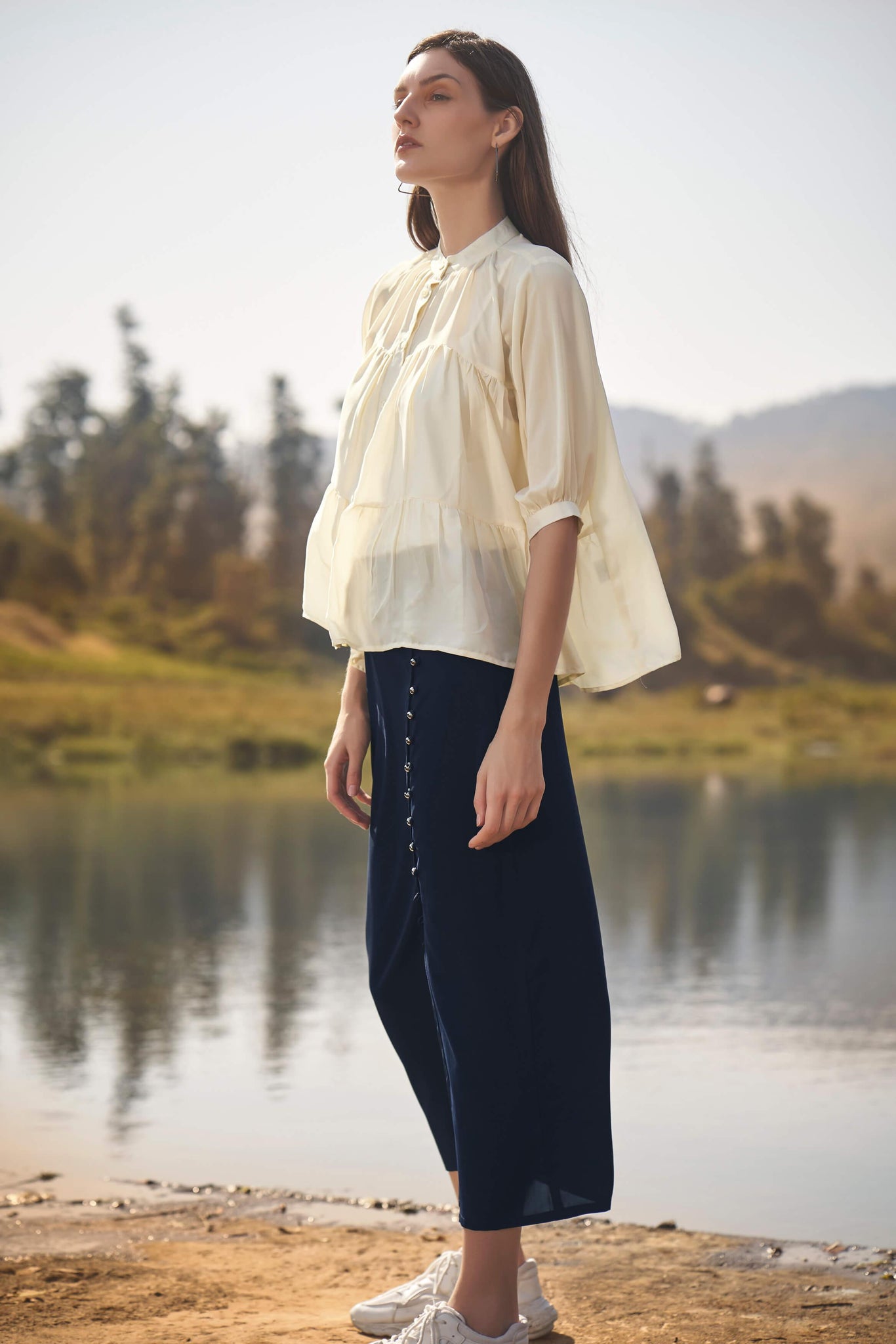 Cream Two Tiered Gathered Detail Casual Shirt - neofaa.com