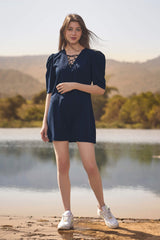 Navy String Neckline Puff Sleeve Midi Dress