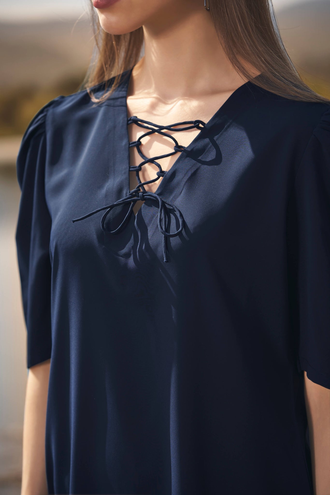 Navy String Neckline Puff Sleeve Midi Dress