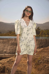 Printed String Neckline Puff Sleeve Midi Dress