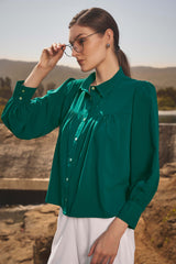 Green Front Gathered Detail Casual Top