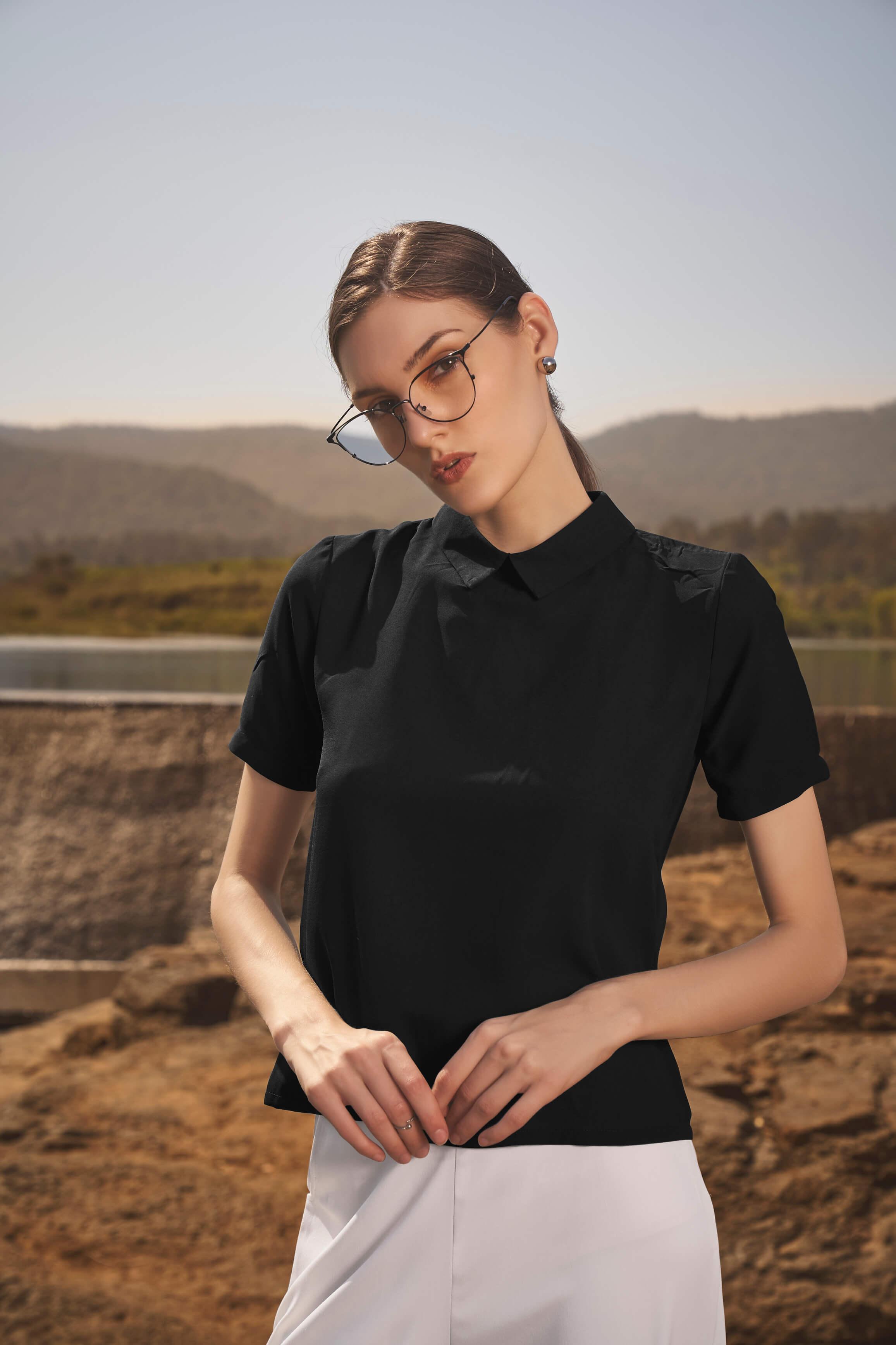 Black Styled High Neck Back Button Top - neofaa.com