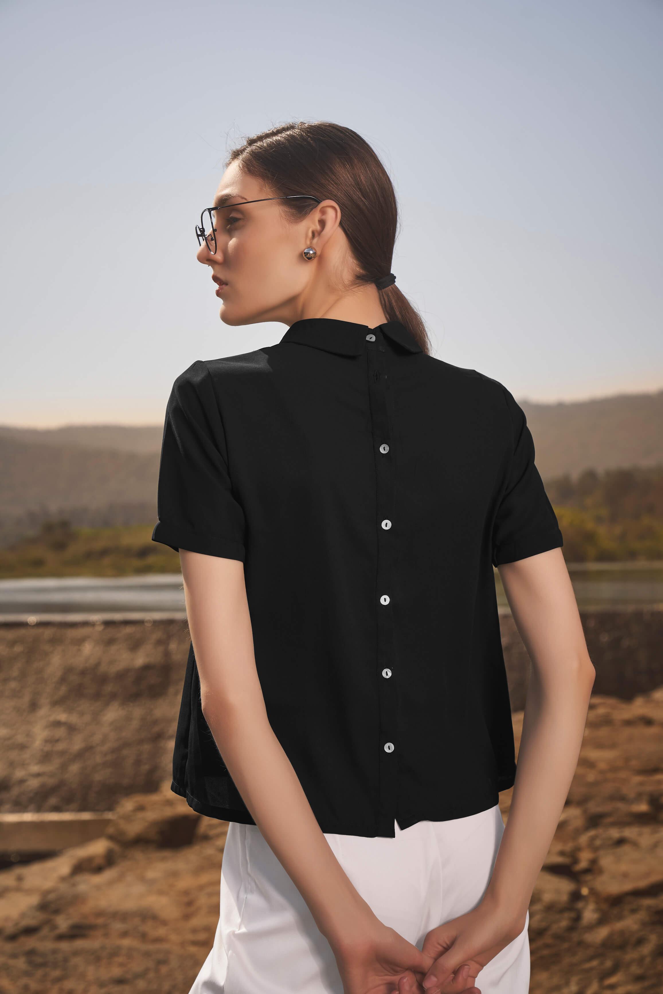 Black Styled High Neck Back Button Top - neofaa.com