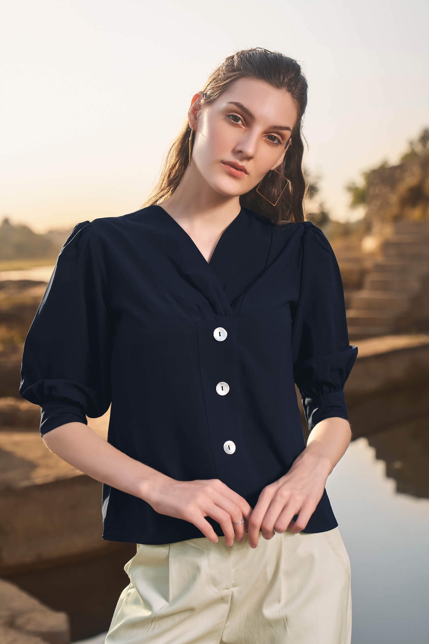 Navy Front Button Puff Sleeve Stylish Top
