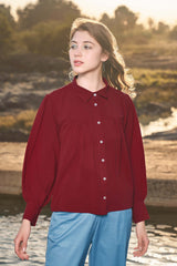 Maroon Front Gathered Detail Casual Shirt