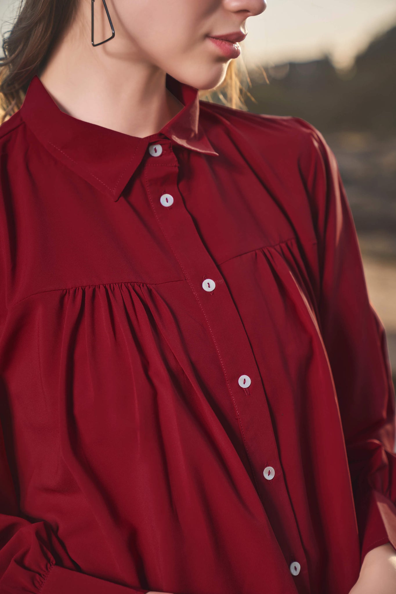 Maroon Front Gathered Detail Casual Shirt