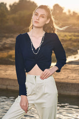 Navy Soild Cropped Twisted Knot Top