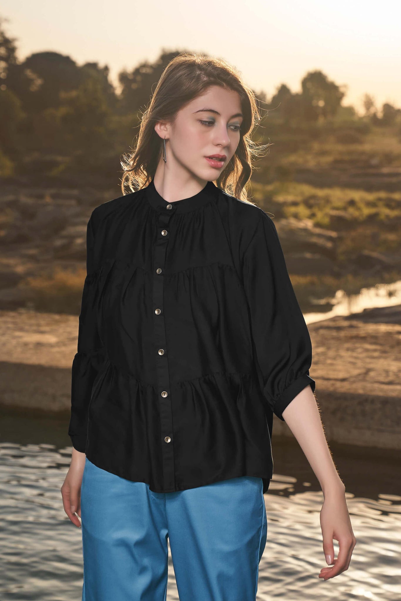 Black Two Tiered Gathered Detail Casual Shirt - neofaa.com