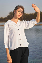 White Front Button Puff Sleeve Stylish Top