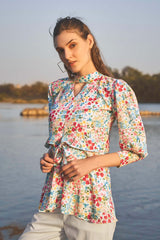 Floral High Neck Front Knot Top