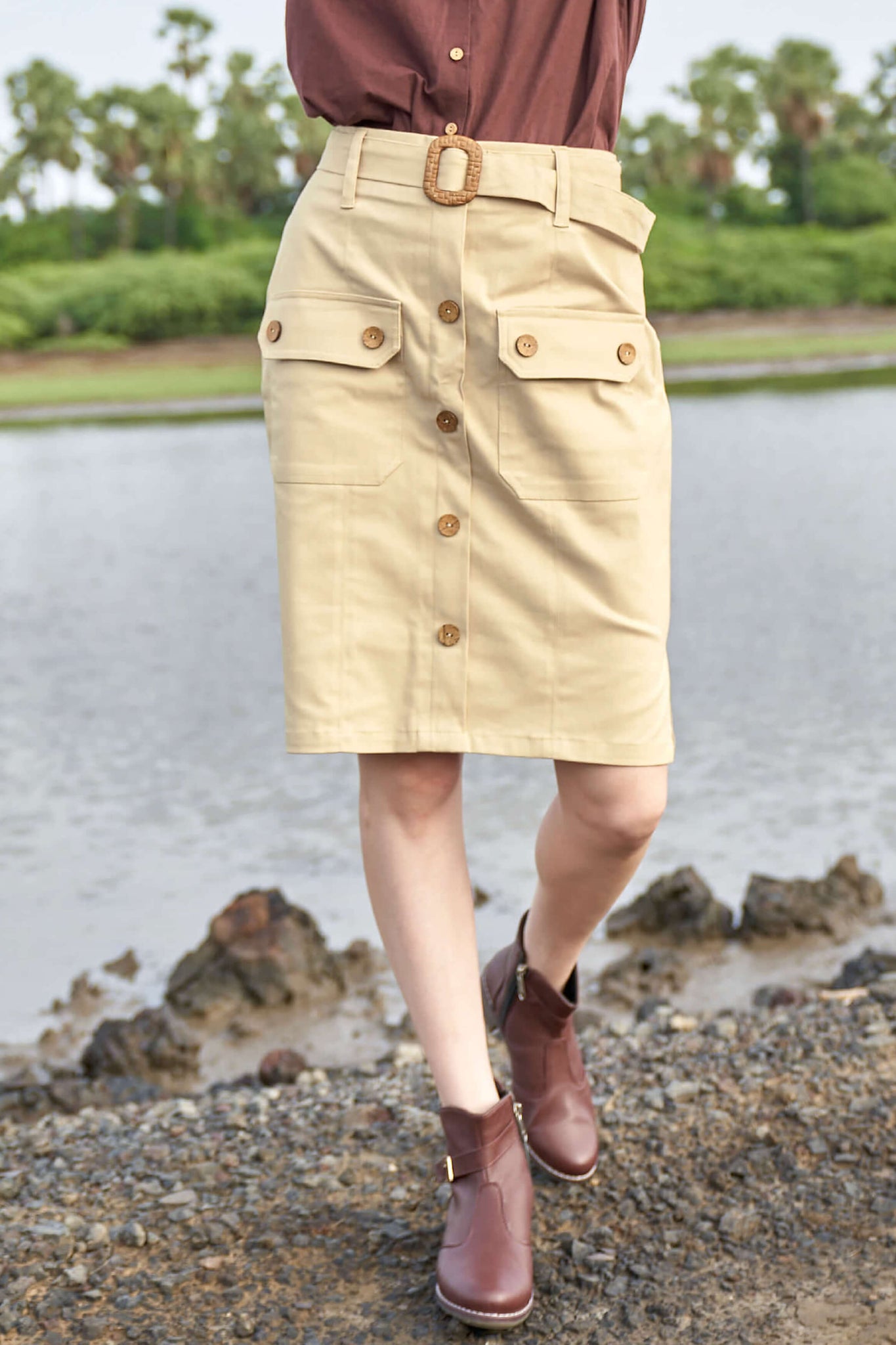Blonde Front Button Midi Skirt