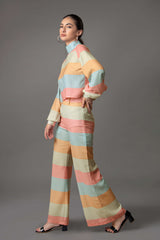 Stripes High Neck Flounce Sleeve Co-Ord Set