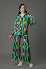 Stripes Collar Neck Flared Bottom Co-Ord Set