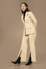 Solid Lapel Blazer Boot Cut Bottom Co-Ord Set for Women