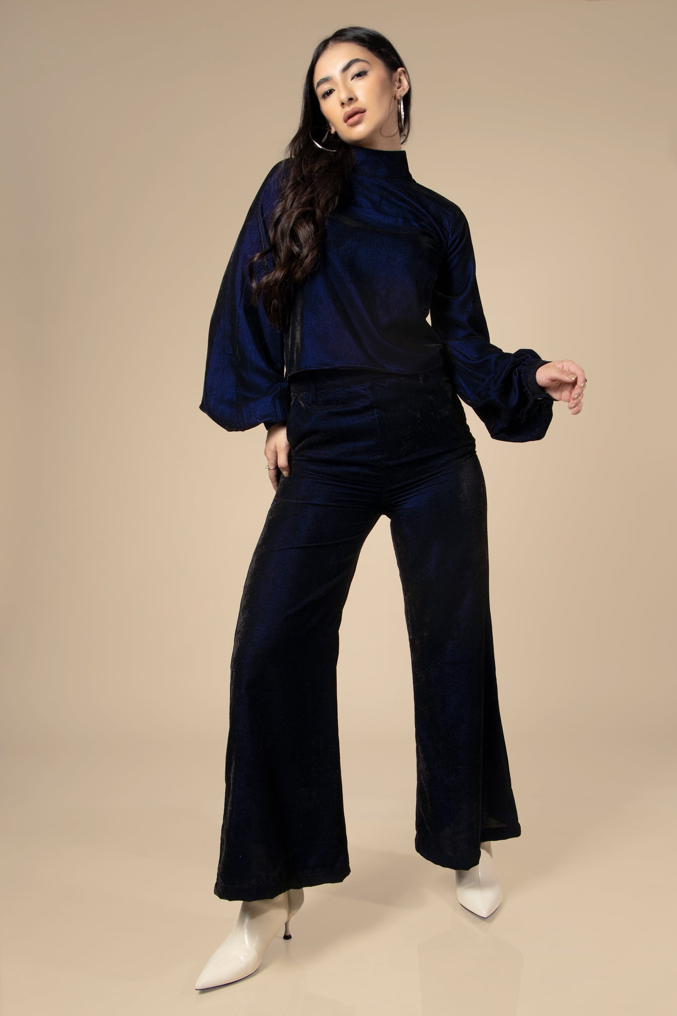 Blue High Neck Velvet Co-Ord Set For Women - Main Image
