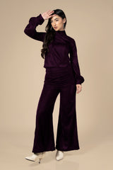 Wine High Neck Velvet Co-Ord Set For Women